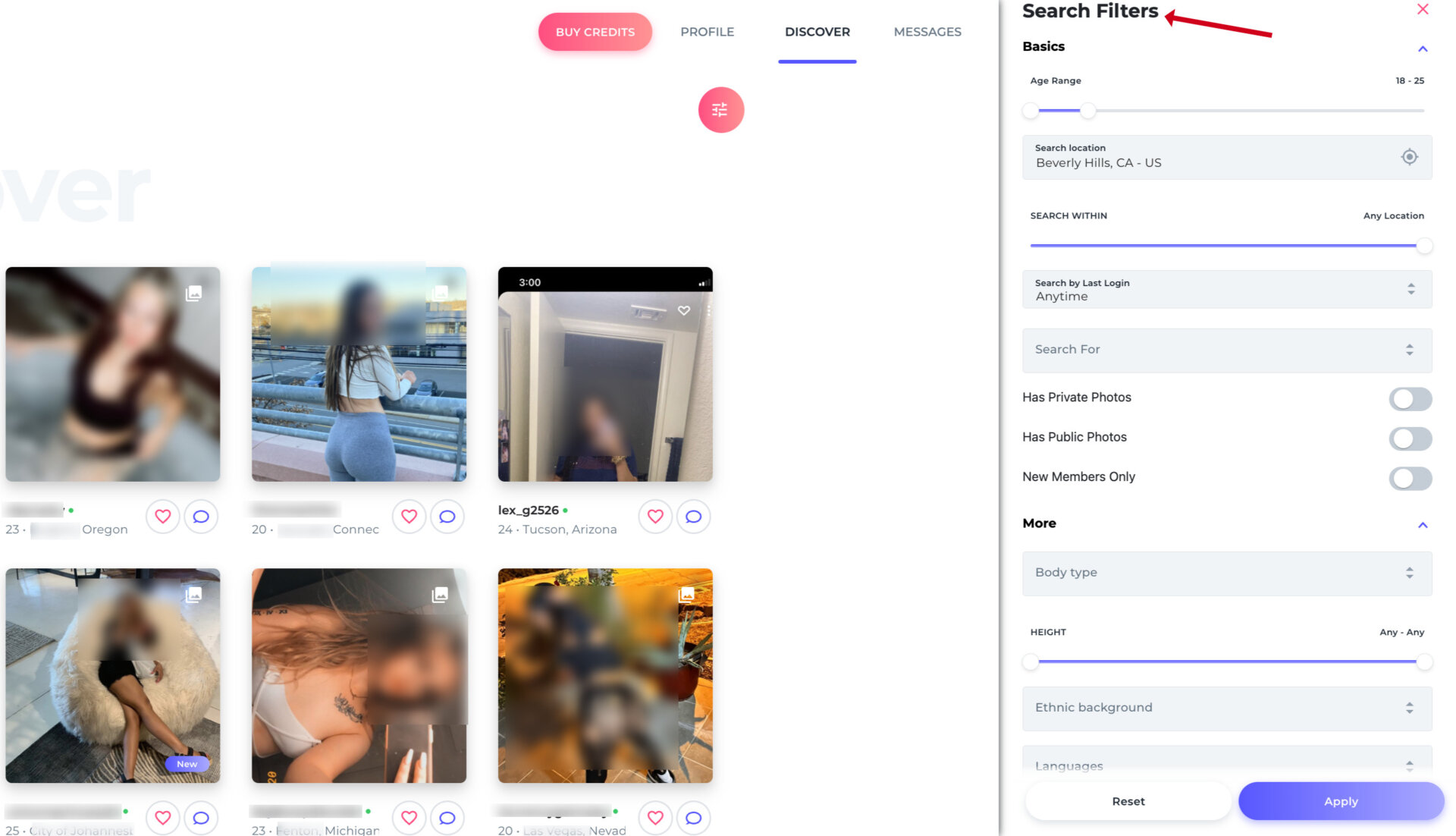 search filters on ePassion