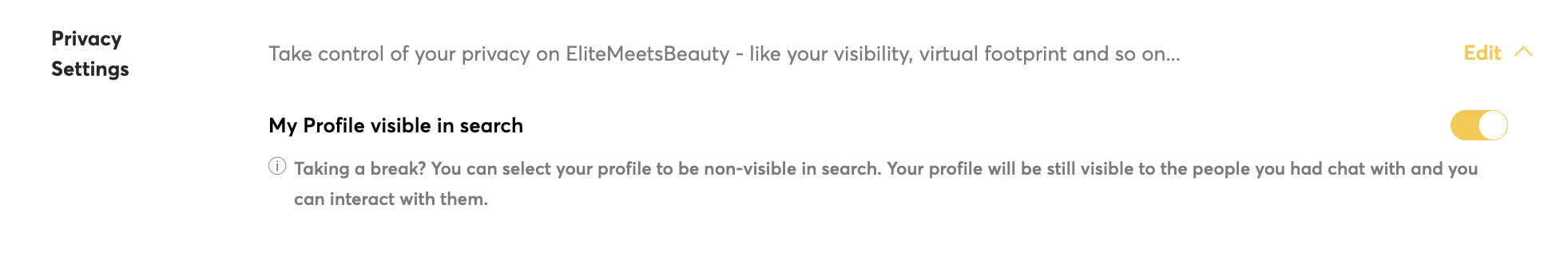 Privacy settings to hide profile from search results on RichMeetBeautiful