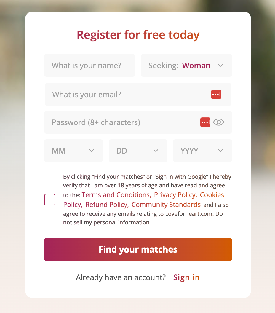 Signing up at LoveForHeart