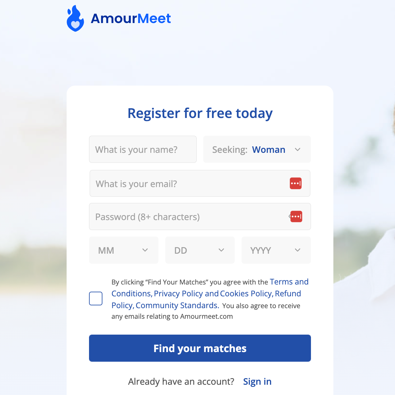 Signing up at Amourmeet