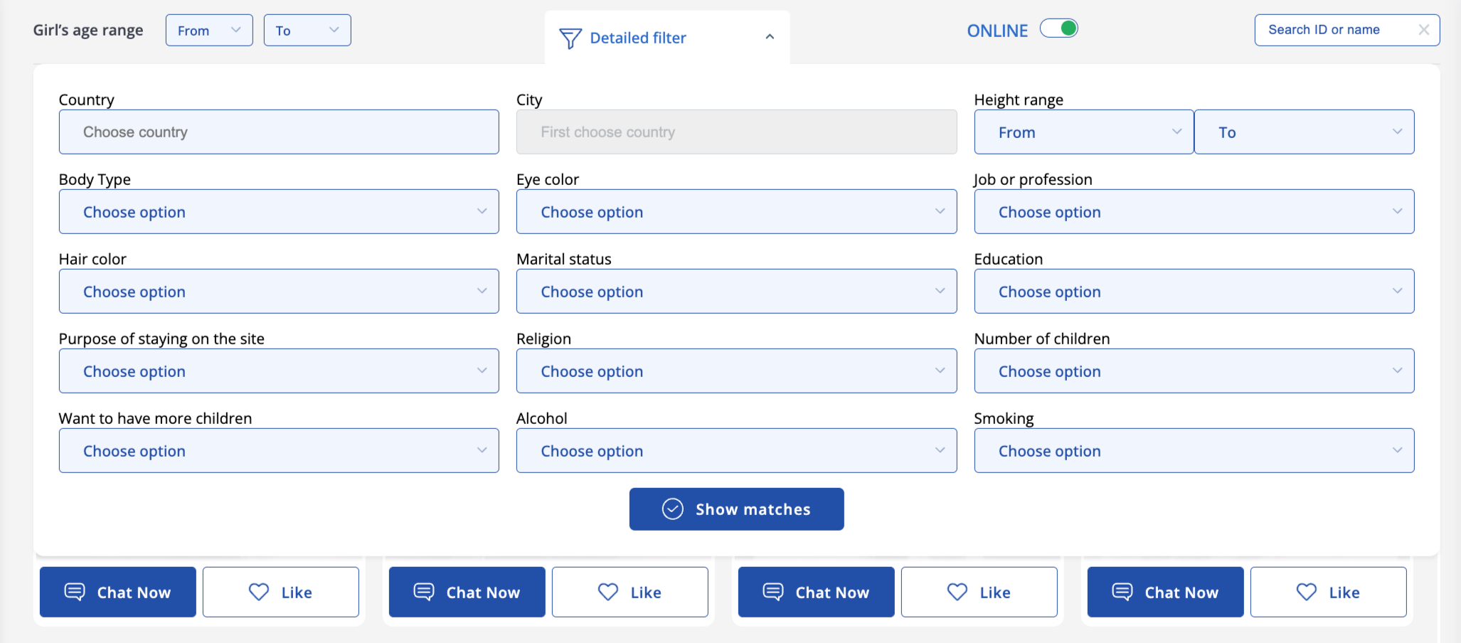 Search filters at SakuraDate